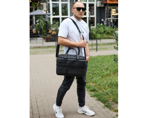 Мужская деловая сумка из кожи 39х29х10, классический портфель для ноутбука и офиса, черный
