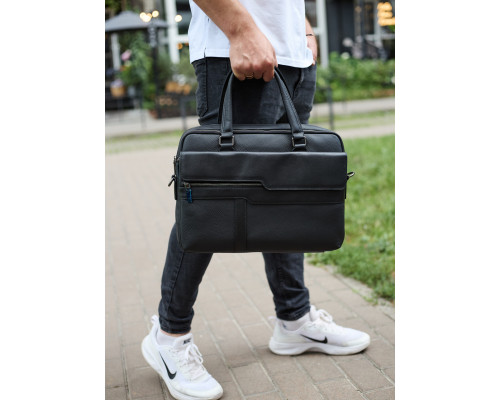 Мужская деловая сумка из кожи 39х29х10, классический портфель для ноутбука и офиса, черный