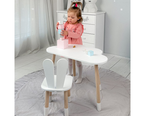 Белый набор мебели стол и стул, детский столик облачка 46х70х40 и стульчик зайка 26.5х26х25 для игры, рисования, учебы
