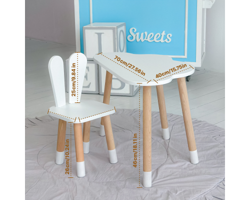 Белый набор мебели стол и стул, детский столик облачка 46х70х40 и стульчик зайка 26.5х26х25 для игры, рисования, учебы