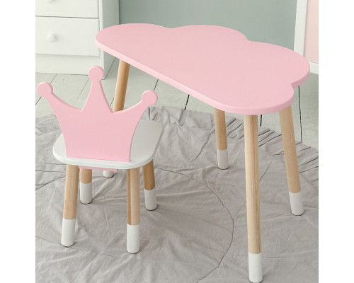 Стол облачко 46х70х40 и стульчик коронка 26.5х26х25, детский столик и стул для игр/занят, розовый с белым
