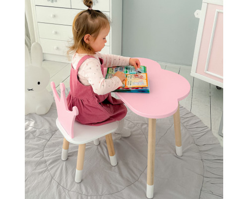 Стол облачко 46х70х40 и стульчик коронка 26.5х26х25, детский столик и стул для игр/занят, розовый с белым