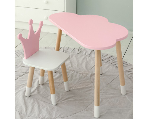 Стол облачко 46х70х40 и стульчик коронка 26.5х26х25, детский столик и стул для игр/занят, розовый с белым