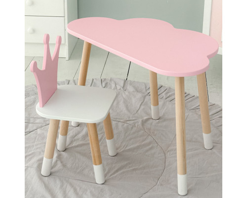 Стол облачко 46х70х40 и стульчик коронка 26.5х26х25, детский столик и стул для игр/занят, розовый с белым