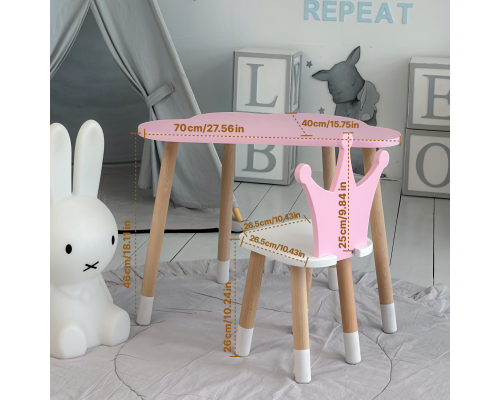 Стол облачко 46х70х40 и стульчик коронка 26.5х26х25, детский столик и стул для игр/занят, розовый с белым