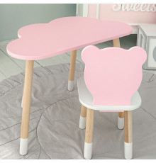 Столик облачка 46х70х40 и стул медвежа 26.5х26х25, детский стол и стульчик для рисования/занят, розовый с белым