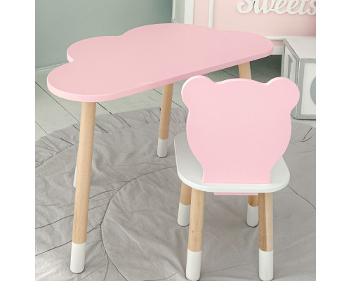 Столик облачка 46х70х40 и стул медвежа 26.5х26х25, детский стол и стульчик для рисования/занят, розовый с белым