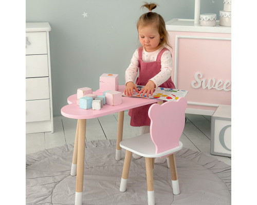 Столик облачка 46х70х40 и стул медвежа 26.5х26х25, детский стол и стульчик для рисования/занят, розовый с белым