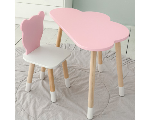 Столик облачка 46х70х40 и стул медвежа 26.5х26х25, детский стол и стульчик для рисования/занят, розовый с белым