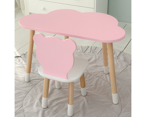 Столик облачка 46х70х40 и стул медвежа 26.5х26х25, детский стол и стульчик для рисования/занят, розовый с белым