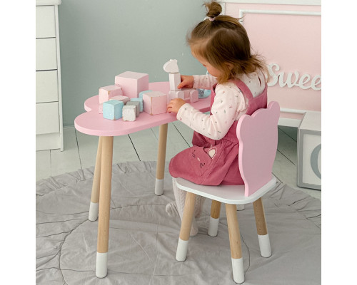 Столик облачка 46х70х40 и стул медвежа 26.5х26х25, детский стол и стульчик для рисования/занят, розовый с белым