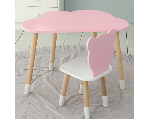 Столик облачка 46х70х40 и стул медвежа 26.5х26х25, детский стол и стульчик для рисования/занят, розовый с белым