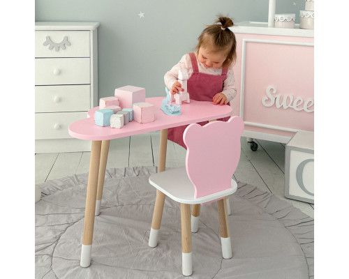 Столик облачка 46х70х40 и стул медвежа 26.5х26х25, детский стол и стульчик для рисования/занят, розовый с белым