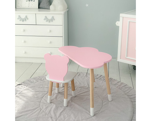 Столик облачка 46х70х40 и стул медвежа 26.5х26х25, детский стол и стульчик для рисования/занят, розовый с белым