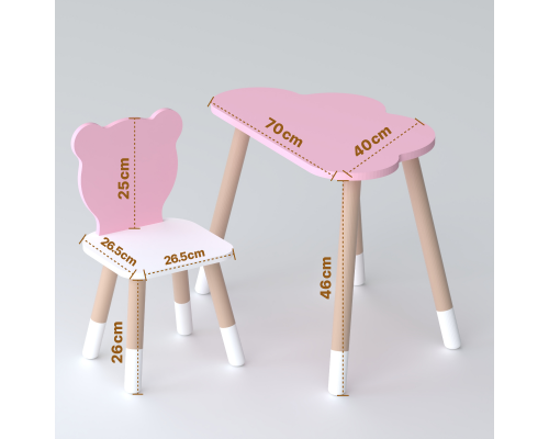 Столик облачка 46х70х40 и стул медвежа 26.5х26х25, детский стол и стульчик для рисования/занят, розовый с белым