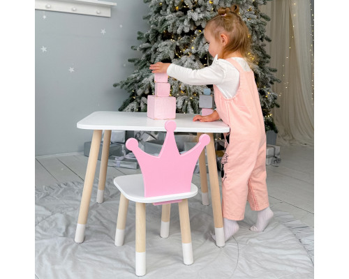 Стол в детскую комнату 46х60х45 и стул корона 26.5х26х25, столик и стульчик для девочки, розовый с белым