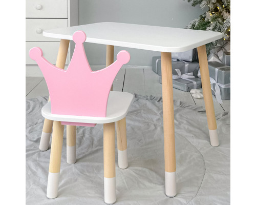 Стол в детскую комнату 46х60х45 и стул корона 26.5х26х25, столик и стульчик для девочки, розовый с белым