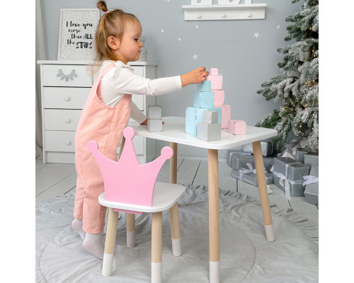 Стол в детскую комнату 46х60х45 и стул корона 26.5х26х25, столик и стульчик для девочки, розовый с белым