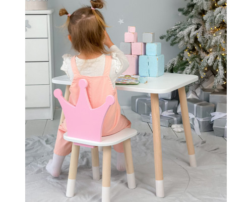 Стол в детскую комнату 46х60х45 и стул корона 26.5х26х25, столик и стульчик для девочки, розовый с белым