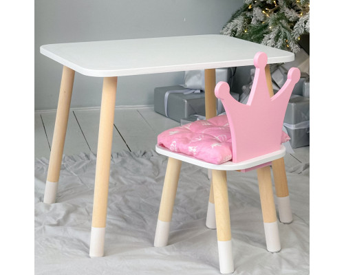 Стол в детскую комнату 46х60х45 и стул корона 26.5х26х25, столик и стульчик для девочки, розовый с белым