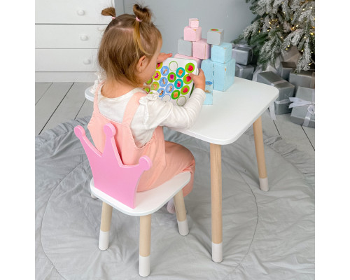 Стол в детскую комнату 46х60х45 и стул корона 26.5х26х25, столик и стульчик для девочки, розовый с белым