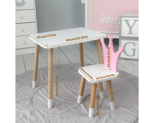Стол в детскую комнату 46х60х45 и стул корона 26.5х26х25, столик и стульчик для девочки, розовый с белым