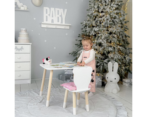 Стол прямоугольный 46х60х45 и стул медведик 26.5х26х25, столик и стульчик для хлопковой комнаты, белый