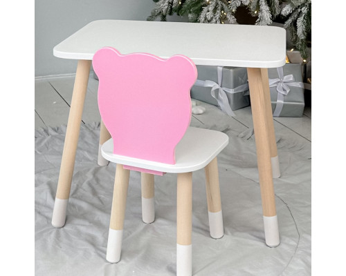 Стол прямоугольный 46х60х45 и стул медвежонок 26.5х26х25, столик и стульчик в детскую, белый с розовым