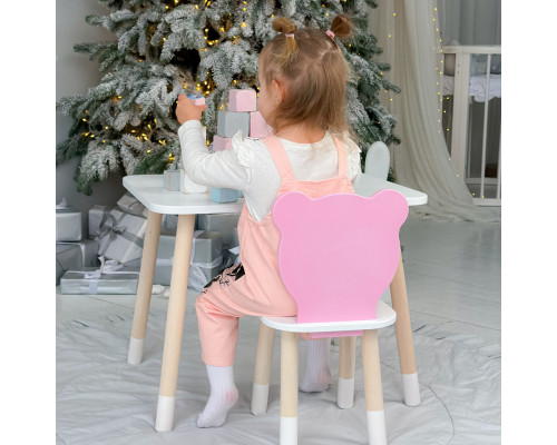Стол прямоугольный 46х60х45 и стул медвежонок 26.5х26х25, столик и стульчик в детскую, белый с розовым