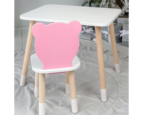 Стол прямоугольный 46х60х45 и стул медвежонок 26.5х26х25, столик и стульчик в детскую, белый с розовым