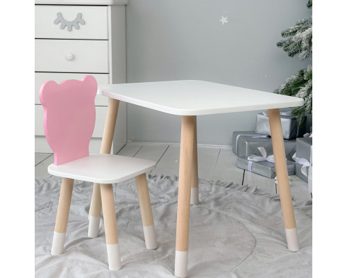 Стол прямоугольный 46х60х45 и стул медвежонок 26.5х26х25, столик и стульчик в детскую, белый с розовым