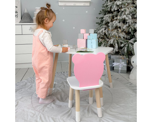 Стол прямоугольный 46х60х45 и стул медвежонок 26.5х26х25, столик и стульчик в детскую, белый с розовым
