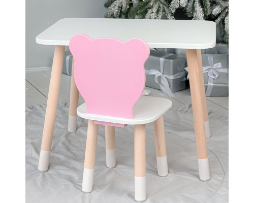 Стол прямоугольный 46х60х45 и стул медвежонок 26.5х26х25, столик и стульчик в детскую, белый с розовым