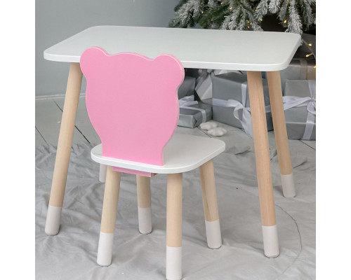 Стол прямоугольный 46х60х45 и стул медвежонок 26.5х26х25, столик и стульчик в детскую, белый с розовым
