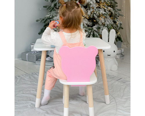 Стол прямоугольный 46х60х45 и стул медвежонок 26.5х26х25, столик и стульчик в детскую, белый с розовым