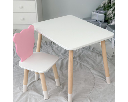 Стол прямоугольный 46х60х45 и стул медвежонок 26.5х26х25, столик и стульчик в детскую, белый с розовым