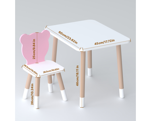 Стол прямоугольный 46х60х45 и стул медвежонок 26.5х26х25, столик и стульчик в детскую, белый с розовым