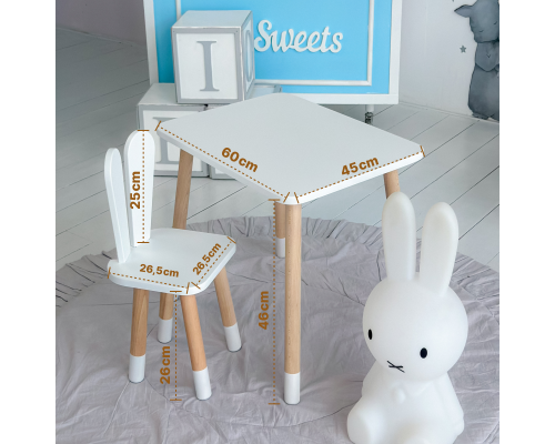 Стол прямоугольный 46х60х45 и стул ушка кролика 26.5х26х25, столик и стульчик в детский, белый