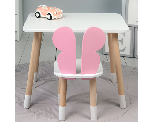 Столик прямоугольный 46х60х45 и стульчик бабочка 26.5х26х25, стол и стул в детскую, белый с розовым