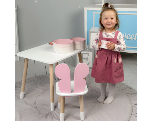 Столик прямоугольный 46х60х45 и стульчик бабочка 26.5х26х25, стол и стул в детскую, белый с розовым