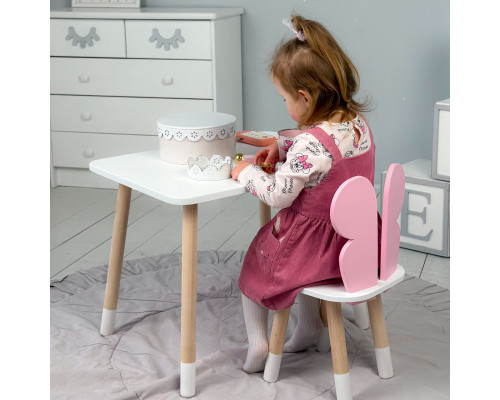 Столик прямоугольный 46х60х45 и стульчик бабочка 26.5х26х25, стол и стул в детскую, белый с розовым