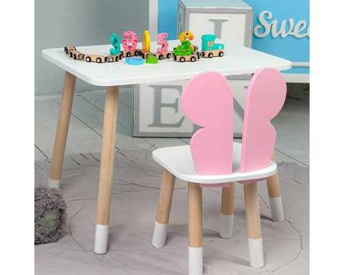 Столик прямоугольный 46х60х45 и стульчик бабочка 26.5х26х25, стол и стул в детскую, белый с розовым