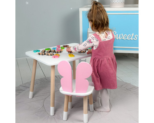 Столик прямоугольный 46х60х45 и стульчик бабочка 26.5х26х25, стол и стул в детскую, белый с розовым