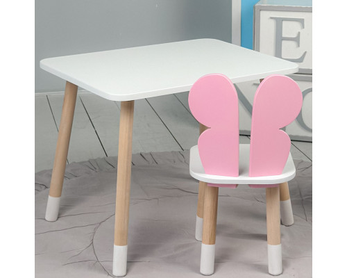 Столик прямоугольный 46х60х45 и стульчик бабочка 26.5х26х25, стол и стул в детскую, белый с розовым