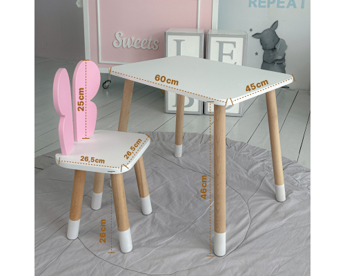 Столик прямоугольный 46х60х45 и стульчик бабочка 26.5х26х25, стол и стул в детскую, белый с розовым