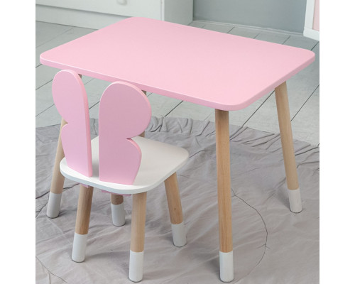 Стол прямой 46х60х45 и стул крылышки бабочка 26.5х26х25, столик и стульчик для девочки, розовый с белым