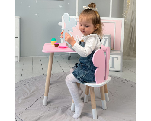 Стол прямой 46х60х45 и стул крылышки бабочка 26.5х26х25, столик и стульчик для девочки, розовый с белым