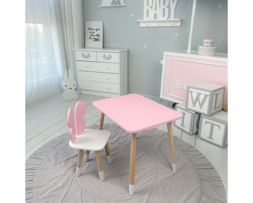 Стол прямой 46х60х45 и стул крылышки бабочка 26.5х26х25, столик и стульчик для девочки, розовый с белым