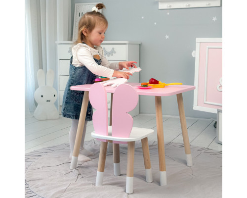 Стол прямой 46х60х45 и стул крылышки бабочка 26.5х26х25, столик и стульчик для девочки, розовый с белым