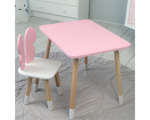 Стол прямой 46х60х45 и стул крылышки бабочка 26.5х26х25, столик и стульчик для девочки, розовый с белым